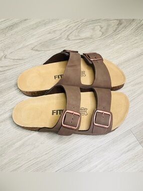 Fitory Sandals Mens Size 10 Brown Slide Adjustable Buckle Leather Comfort Casual